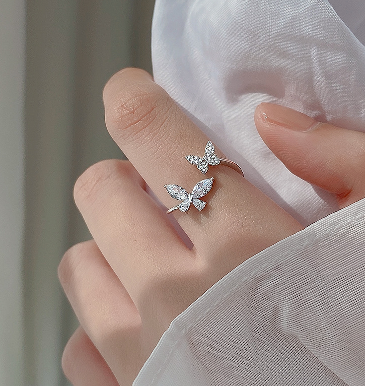 Adjustable Butterfly Ring for Women — Silver-Tone Stone Inlay