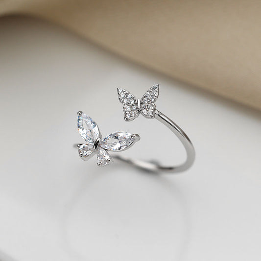 Adjustable Butterfly Ring for Women — Silver-Tone Stone Inlay